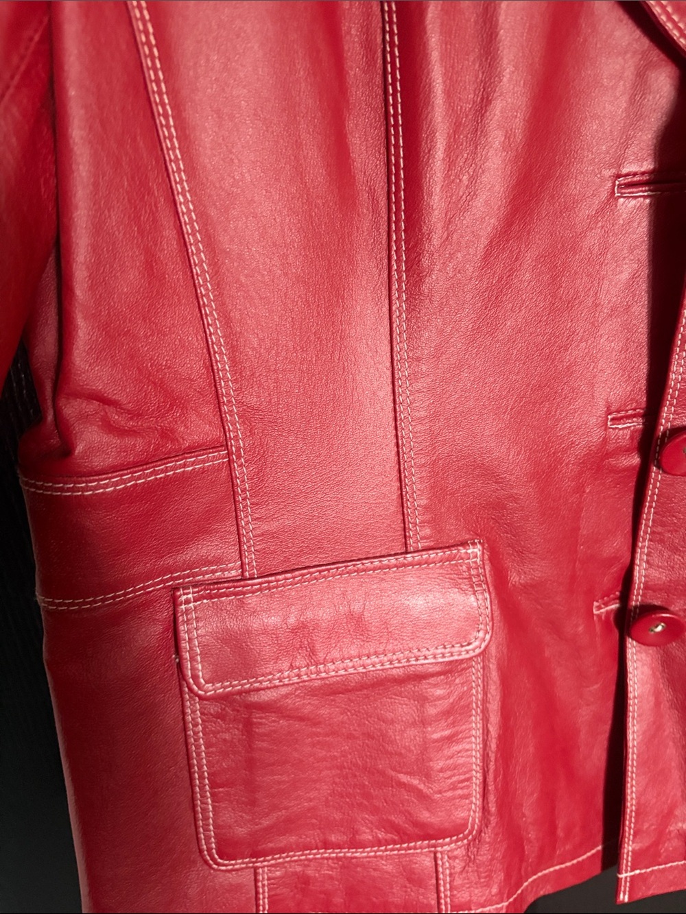 Red Leather Button-Front Blazer Jacket - Picture 3 of 6